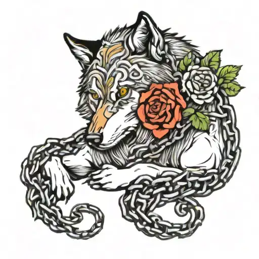 Wolf Lying Down With Chain Woven With Roses Blooming