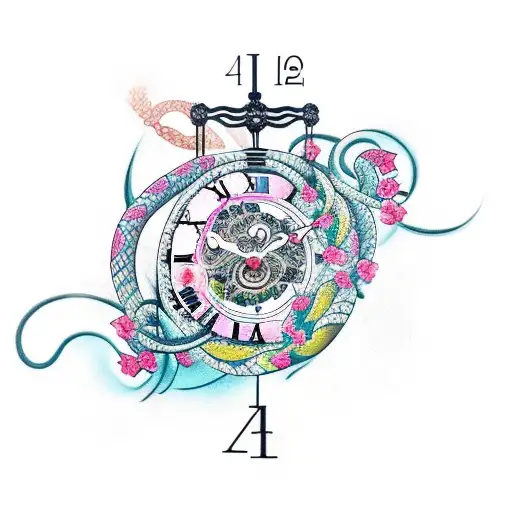 A Tattoo Featuring A Clock Surrounded By Roses And Snakes