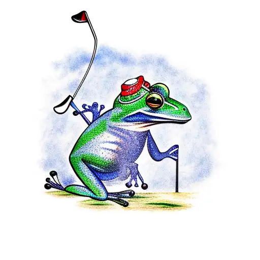 A Traditional Style Tattoo Of A Frog Playing Golf On A Navy Ship