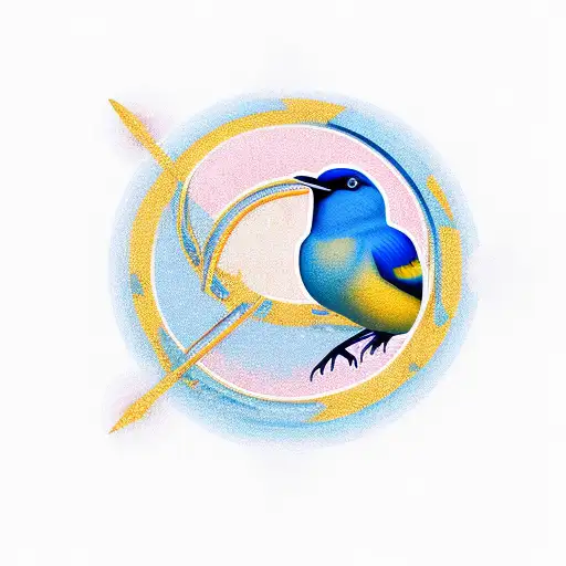 Beautiful Blue And Gold Bird Protected By A Creature Inside A Circle