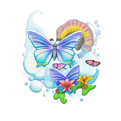 Three Butterflies With Flowers And A Beach