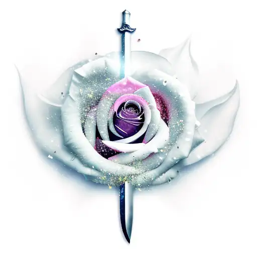 A Realistic Depiction Of A Sword With Delicate Rose Petals Falling Around It