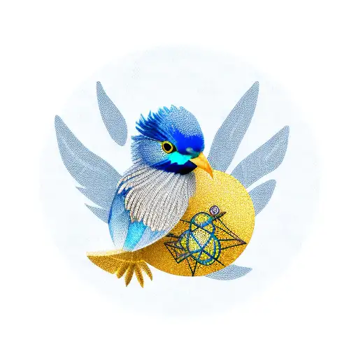 Blue And Gold Bird Inside A Circle With A Creature Protecting It