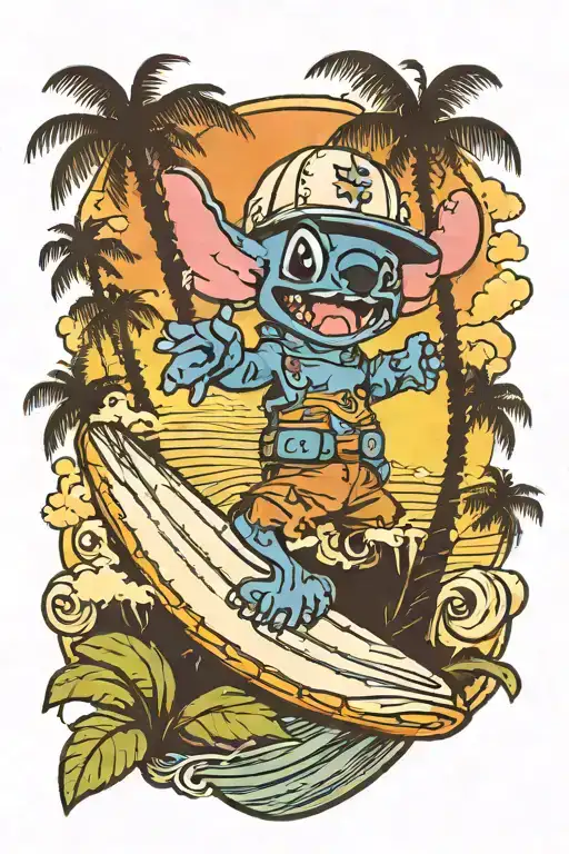 Stitch In A Cap On A Surfboard Against The Backdrop Of Sunset And Palm Trees
