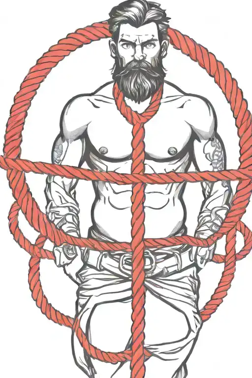 Simple Bearded Man Tied Up With A Red Rope
