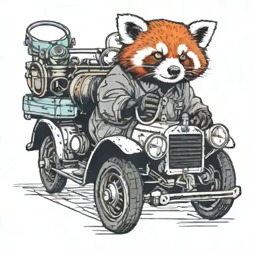 A Red Panda Wearing A Mechanic's Outfit Working On A Vintage Car