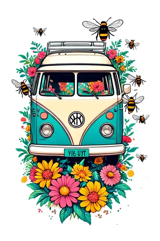 A New-school Camper Van Surrounded By Buzzing Bees And Blooming Flowers
