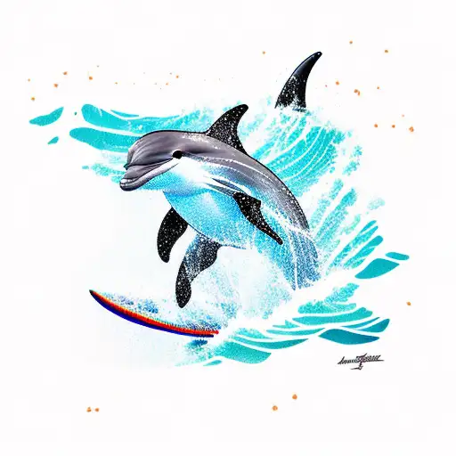 A Surfer Catching A Wave With A Dolphin Jumping Alongside