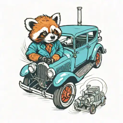 A Red Panda Wearing A Mechanic's Outfit Working On A Vintage Car