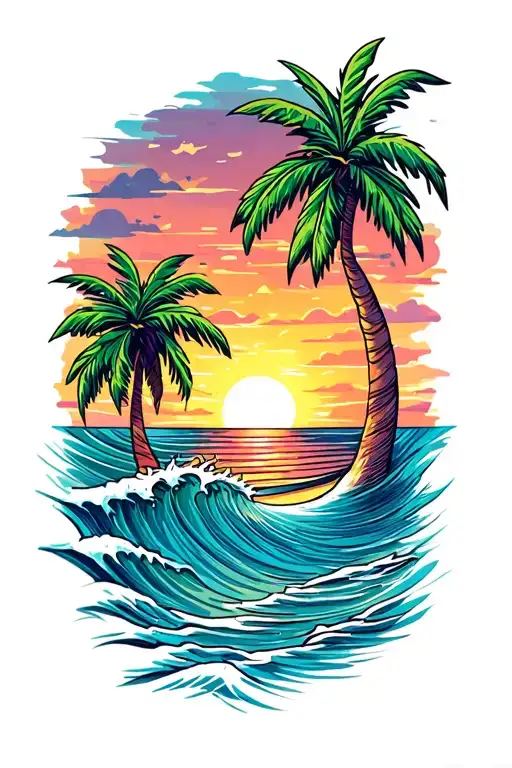 Beach Waves Palm Trees Sunset