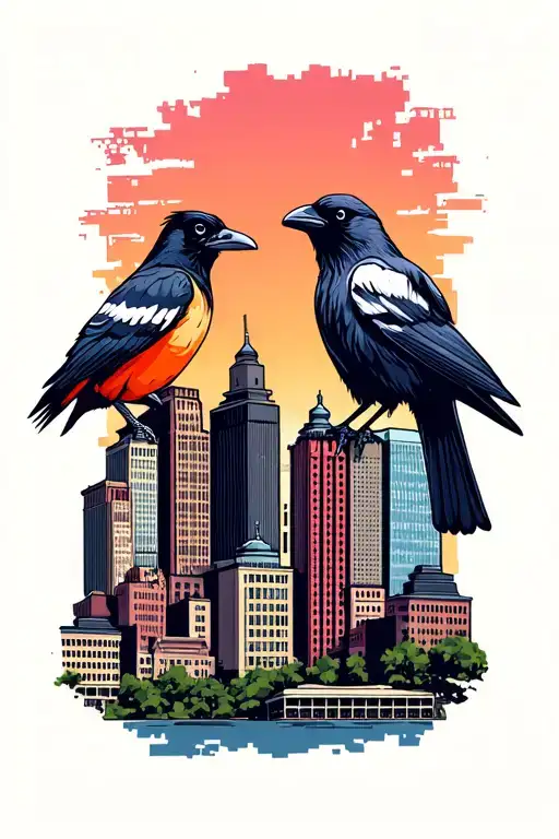Baltimore City Skyline With Oriole And Raven On Each End