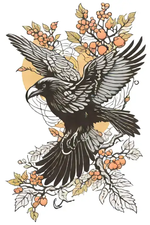 Raven Flying Over A Rowan Tree With Space Beneath Its Wings