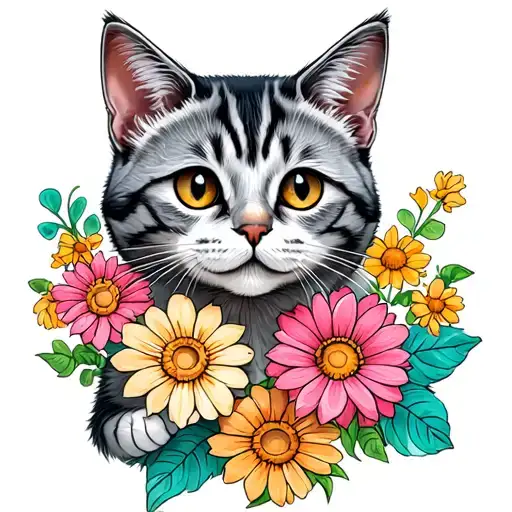 Gray Tabby Cat Flowers