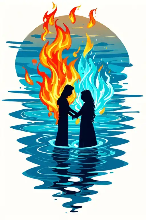 Fire Being And Water Being Silhouettes Holding Hands Holding Each Other