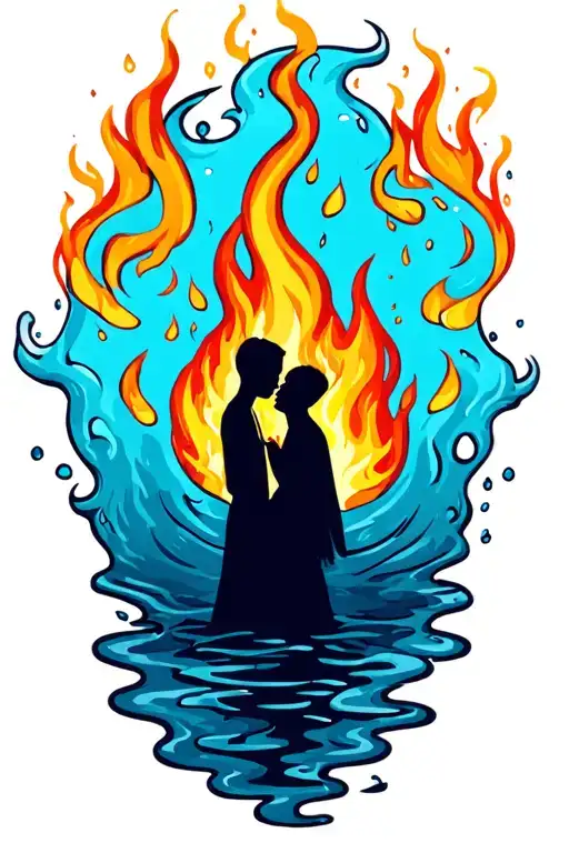Fire Being And Water Being Silhouettes Holding Hands Holding Each Other