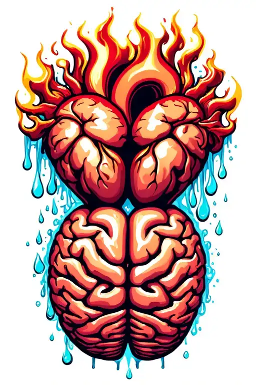 Fire And Water Droplets Falling From A Heart Shaped Brain