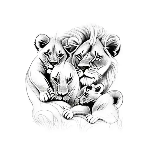 Lion With Cubs And Flowers