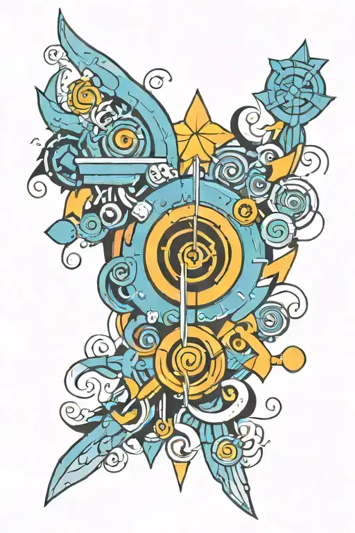 An Abstract Tattoo Design Incorporating Philosophical Symbols And Theological Imagery