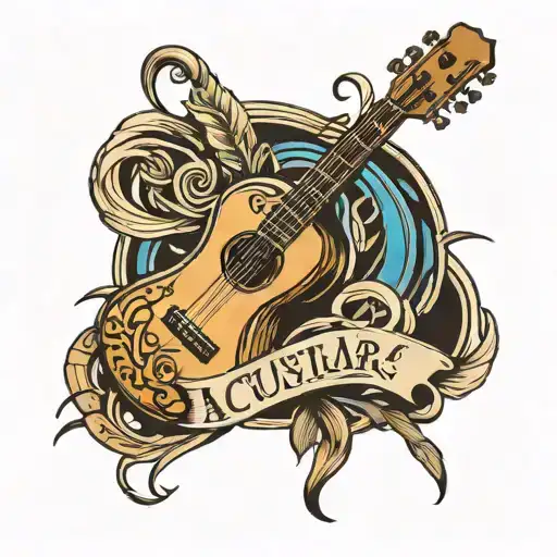 Quill Pen Intertwined With Acustic Guitar