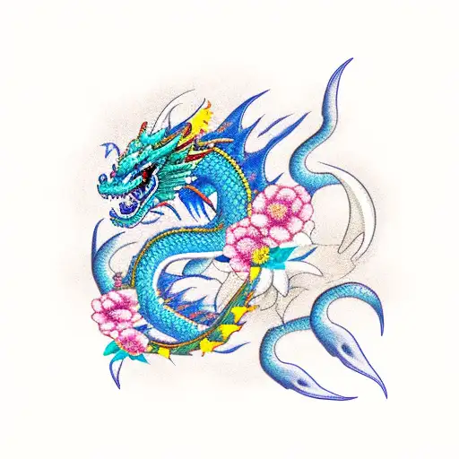 Blue Dragon With Claw And Flowers