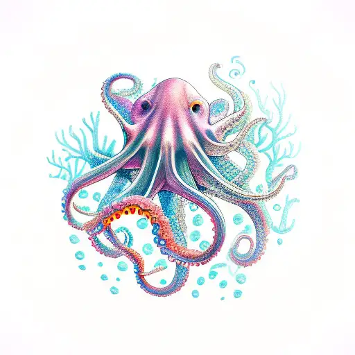 A Psychedelic Octopus Smoking A Joint Underwater Surrounded By Colorful Coral And Marine Life