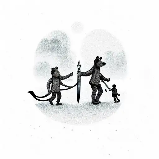 Daddy Bear With A Sword In The Back Walking With His Son In The Woods Holding Paws