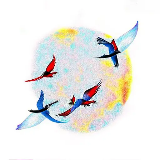 An Elegant Water-themed Sleeve Tattoo Featuring Cardinals Flying Towards The Moon