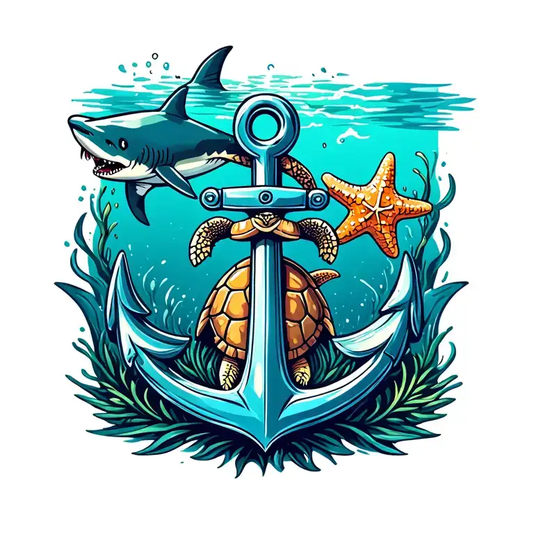 Anchor With Turtle And Shark And Starfish Floating