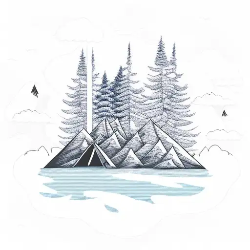 Mountain Scene With Campfire And Trees And Water And Clouds