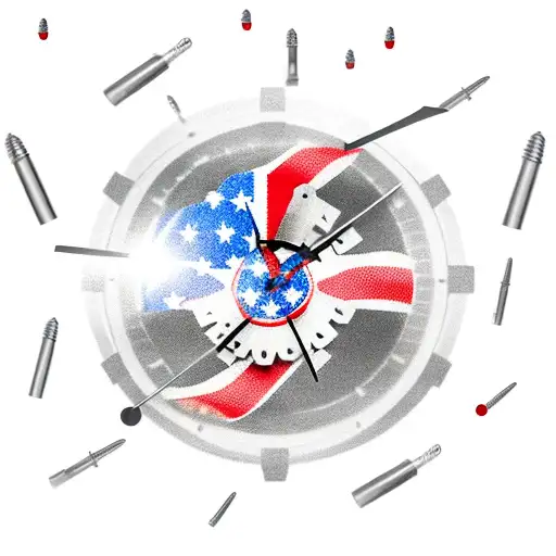 American Flag With 9Mm Bullets Laying Around And A Broken Clock With Gears Showing