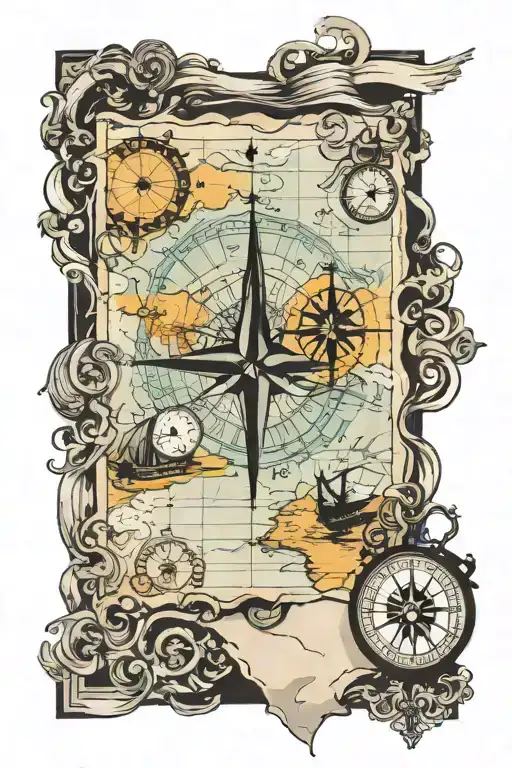 Feminine Beach Scene With Silhouette Tattered Map And Compass