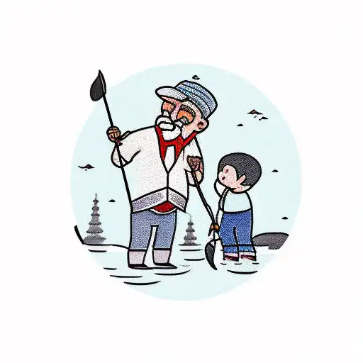 A Traditional Style Tattoo Of A Grandpa Teaching A Child How To Fish