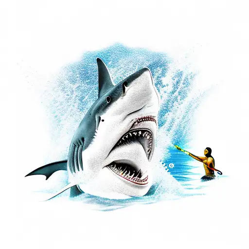 An Underwater Scene With A Shark Hunting Its Prey While A Diver With A Spear Is Ready To Strike