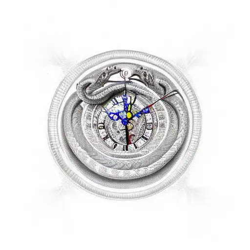 A Serpent Coiled Around An Antique Clock With Spiritual Symbols