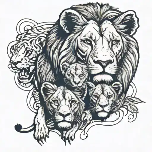 Lion With Lioness Surrounded With 3 Cubs Face Only