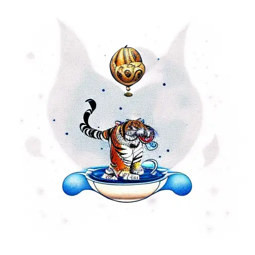 A Whimsical Tattoo Design Of A Tiger Riding A Flying Carpet Through A Coffee Bean-filled Sky