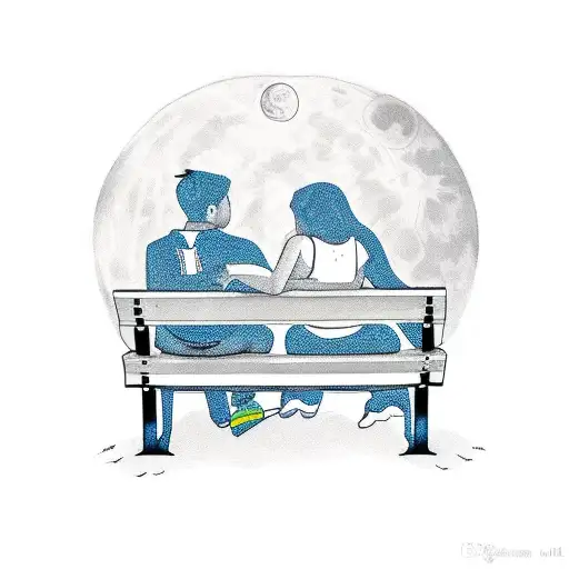Guy And Girl Kissing On Bench With The Moonlight In The Background