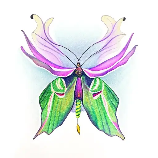 Luna Moth Flying Near A Lily Flower