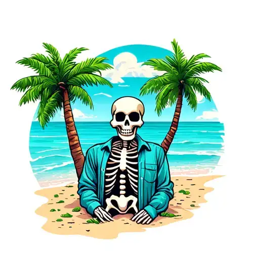 Skeleton In A Shirt On Holiday On Beach Scene With Palm Trees