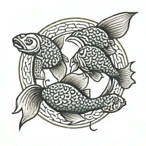 2 Karp Fish Swimming In A Circle Pattern Opposite Directions With Chinese Symbol In The Middle