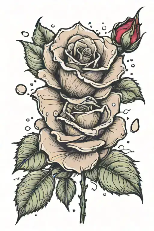 Realistic Rose With Water Droplets Falling Leaves