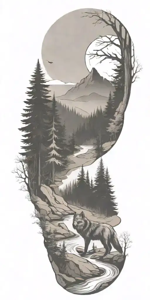 A River Winding Through A Forest Leading To Mountains With Wolf