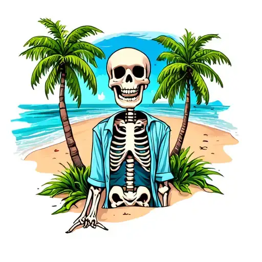 Skeleton In A Shirt On Beach Scene With Palm Trees