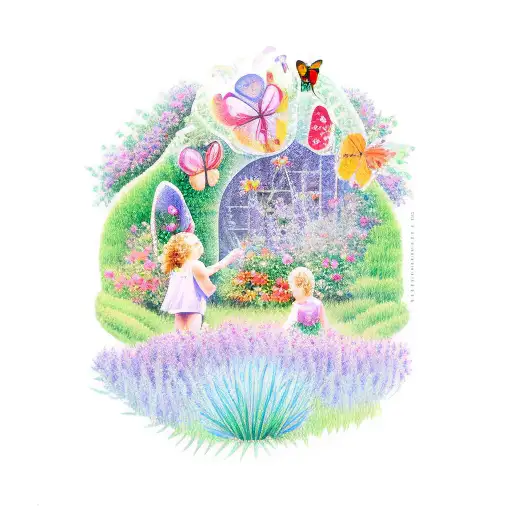 A Whimsical Garden Scene With Your Children Playing Among Oversized Butterflies And Flowers