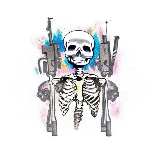 Gangster Skeleton With Guns On Ribs Coloured