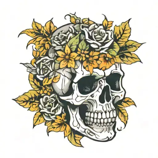 Skull Surrounded With Flowers & Leaves