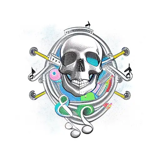 A Cruise Ship Sailing Through A Sea Of Music Notes With A Skull And Peir In The Distance