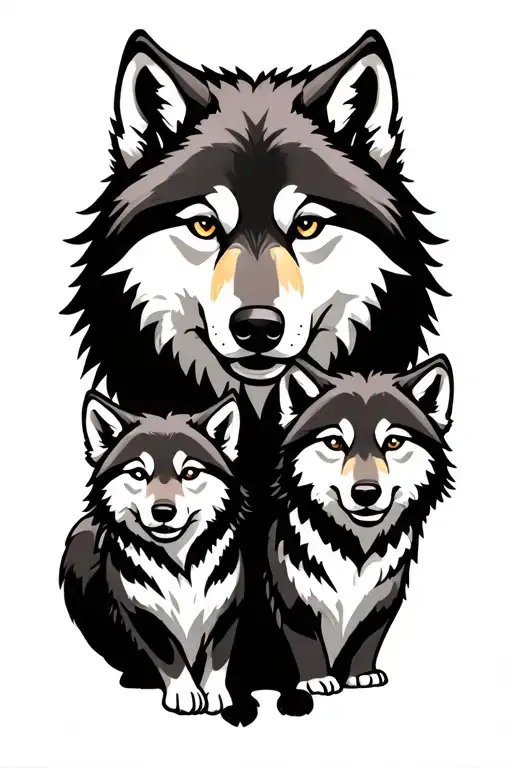 Grey Wolf With Two Wolf Cubs