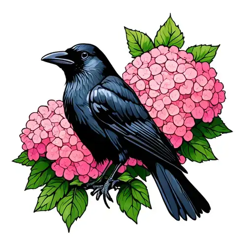 Black Crow Sitting Amongst Pink Hydrangeas Blooming