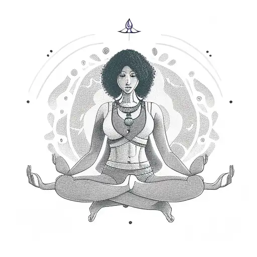 Draw Me A Woman Sitting In A Yoga Session With Curly Hair And All The Chakra Markings On Her Body